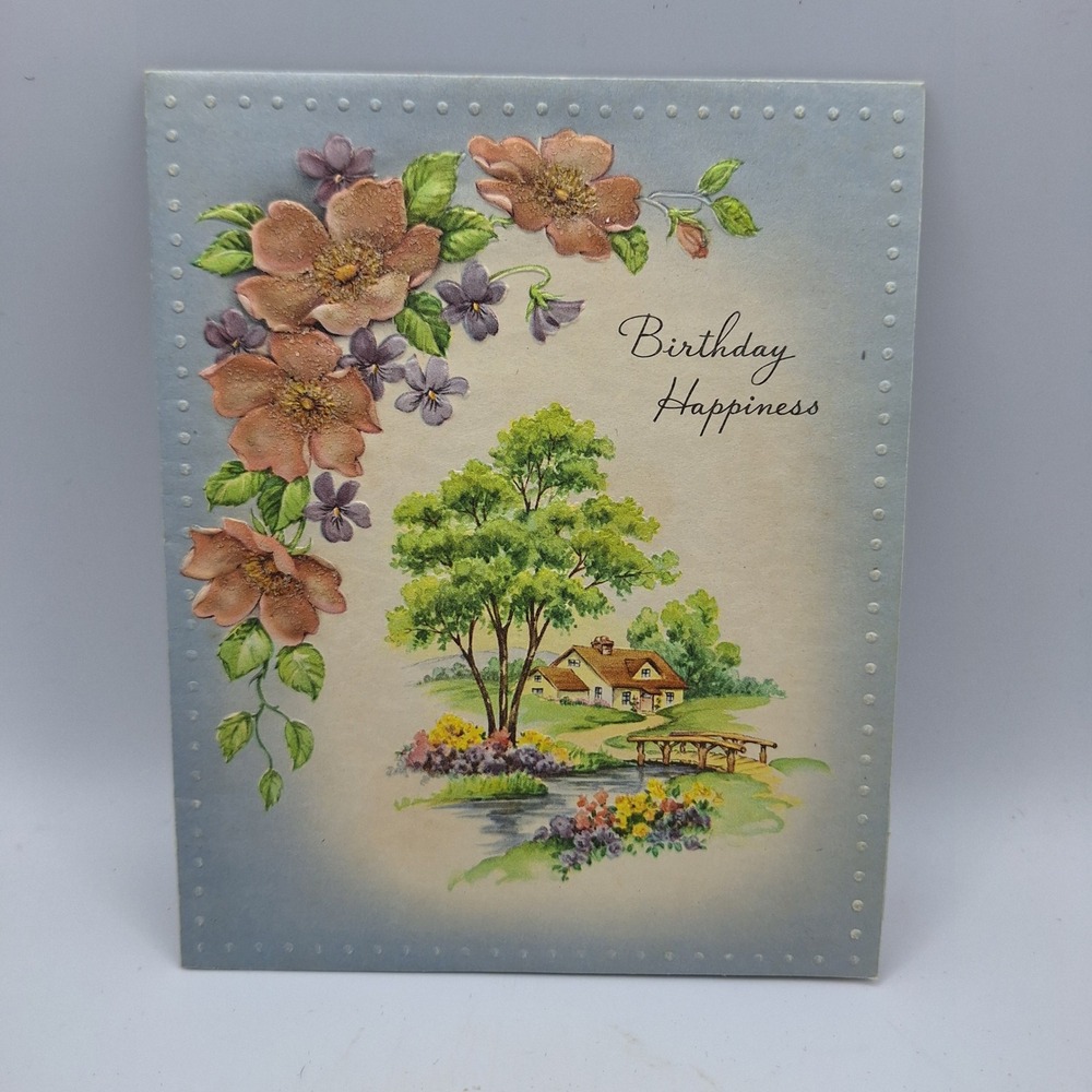 Vintage Sunshine Line Birthday Happiness Card Embossed Floral Cottage Scene 2011